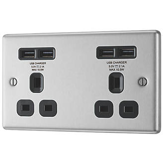 Image of LAP 13A 2-Gang Unswitched Socket + 4.2A 4-Outlet Type A USB Charger Brushed Stainless Steel with Black Inserts 