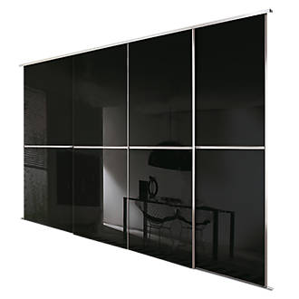 Image of Spacepro Minimalist 4-Door Sliding Wardrobe Door Kit Silver Frame Black Glass Panel 3024mm x 2260mm 