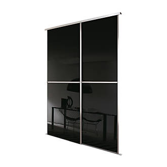 Image of Spacepro Minimalist 2-Door Sliding Wardrobe Door Kit Silver Frame Black Glass Panel 1208mm x 2260mm 