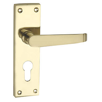 Image of Smith & Locke Long Victorian Fire Rated Euro Lock Door Handles Pair Polished Brass 