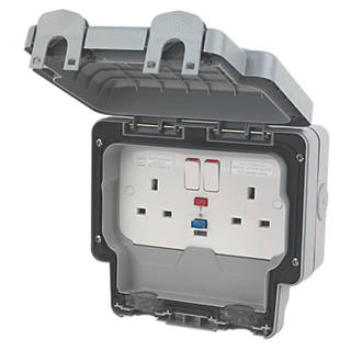 Image of MK Masterseal Plus IP66 13A 2-Gang DP Weatherproof Outdoor Switched Active RCD Socket 