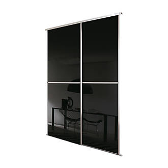 Image of Spacepro Minimalist 2-Door Sliding Wardrobe Door Kit Silver Frame Black Glass Panel 1816mm x 2260mm 