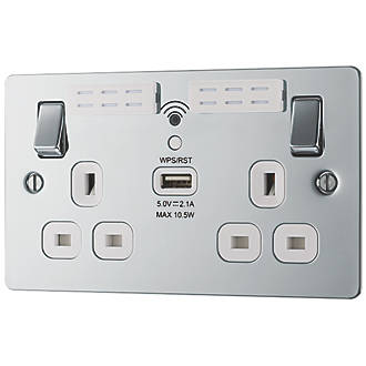 Image of LAP 13A 2-Gang SP Switched Wi-Fi Extender Socket + 2.1A 1-Outlet Type A USB Charger Polished Chrome with White Inserts 