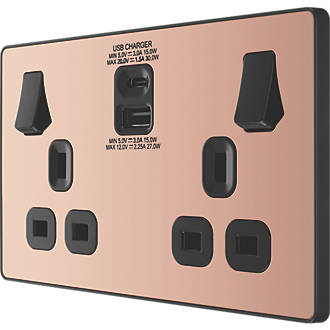Image of British General Evolve 13A 2-Gang SP Switched Socket + 3A 2-Outlet Type A & C USB Charger Copper with Black Inserts 