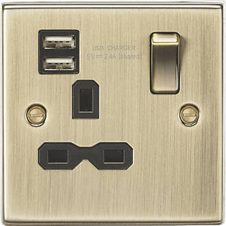 Image of Knightsbridge 13A 1-Gang SP Switched Socket + 2.4A 2-Outlet Type A USB Charger Antique Brass with Black Inserts 