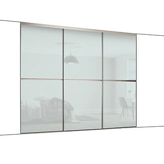 Image of Spacepro Minimalist 3-Door Sliding Wardrobe Door Kit Silver Frame Arctic White Glass Panel 2262mm x 2260mm 