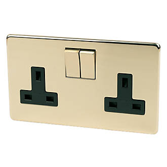 Image of Crabtree Platinum 13A 2-Gang DP Switched Plug Socket Polished Brass with Black Inserts 
