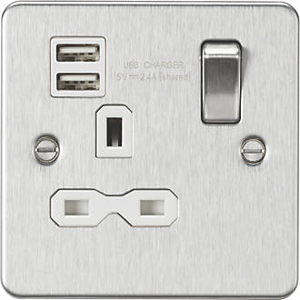 Image of Knightsbridge 13A 1-Gang SP Switched Socket + 2.1A 2-Outlet Type A USB Charger Brushed Chrome with White Inserts 