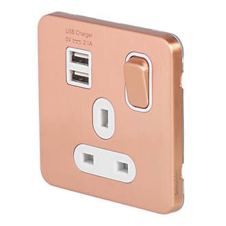 Image of Schneider Electric Lisse Deco 13A 1-Gang SP Switched Socket + 2.1A 2-Outlet Type A USB Charger Copper with White Inserts 