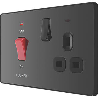 Image of British General Evolve 45A 2-Gang 2-Pole Cooker Switch & 13A DP Switched Socket Black with LED with Black Inserts 