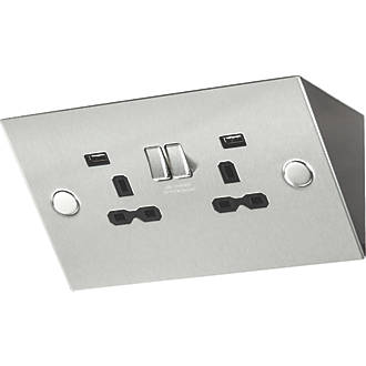Image of Knightsbridge 13A 2-Gang SP Switched Socket + 2.4A 2-Outlet Type A USB Charger Stainless Steel with Black Inserts 