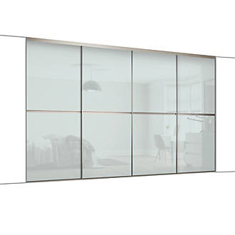 Image of Spacepro Minimalist 4-Door Sliding Wardrobe Door Kit Silver Frame Arctic White Glass Panel 2416mm x 2260mm 