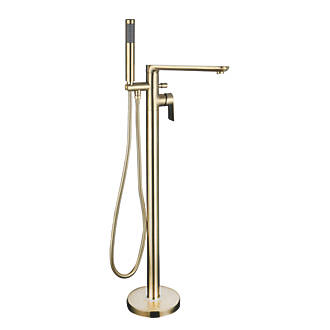 Image of Highlife Bathrooms Rona Floor-Mounted Bath Shower Mixer & Handset Brushed Brass 