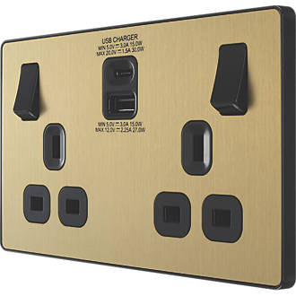 Image of British General Evolve 13A 2-Gang SP Switched Socket + 3A 2-Outlet Type A & C USB Charger Satin Brass with Black Inserts 