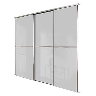 Image of Spacepro Minimalist 3-Door Sliding Wardrobe Door Kit Silver Frame Grey Glass Panel 2718mm x 2260mm 