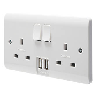 Image of Crabtree Instinct 13A 2-Gang DP Switched Socket + 2.1A 2-Outlet Type A USB Charger White 