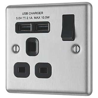 Image of LAP 13A 1-Gang SP Switched Socket + 2.1A 2-Outlet Type A USB Charger Brushed Stainless Steel with Black Inserts 