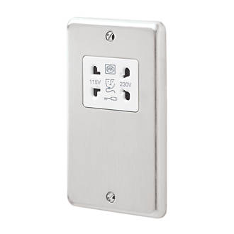 Image of MK Contoura 2-Gang Dual Voltage Shaver Socket 115/230V Brushed Stainless Steel with White Inserts 
