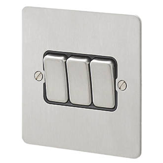 Image of MK Edge 10AX 3-Gang 2-Way Light Switch Brushed Stainless Steel with Black Inserts 