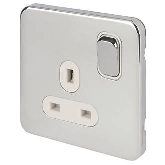 Image of Schneider Electric Lisse Deco 13A 1-Gang DP Switched Plug Socket Polished Chrome with White Inserts 