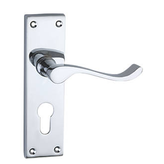 Image of Smith & Locke Long Victorian Fire Rated Euro Lock Door Handles Pair Polished Chrome 