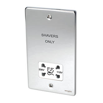 Image of Schneider Electric Ultimate Low Profile 2-Gang Dual Voltage Shaver Socket 115 / 230V Polished Chrome with White Inserts 