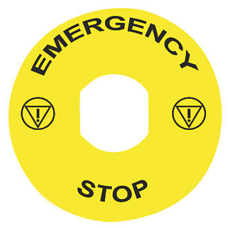 Image of Schneider Electric Yellow / Black 'Emergency Stop' Legend Plate 90mm 10 Pack 