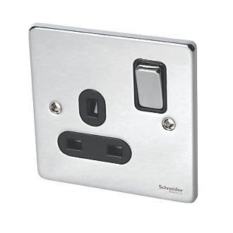 Image of Schneider Electric Ultimate Low Profile 13A 1-Gang SP Switched Plug Socket Polished Chrome with Black Inserts 
