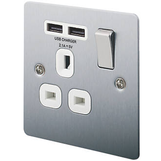 Image of LAP 13A 1-Gang SP Switched Socket + 2.1A 2-Outlet Type A USB Charger Brushed Stainless Steel with White Inserts 