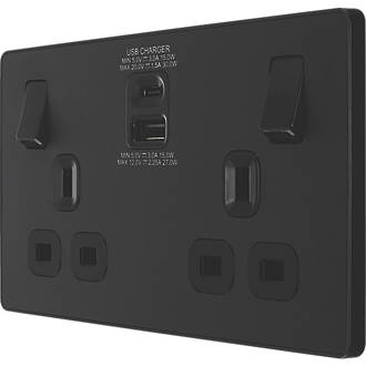 Image of British General Evolve 13A 2-Gang SP Switched Socket + 3A 2-Outlet Type A & C USB Charger Matt Black with Black Inserts 
