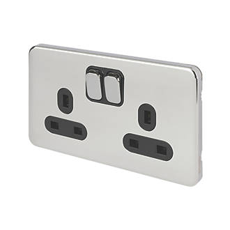 Image of Schneider Electric Lisse Deco 13A 2-Gang DP Switched Plug Socket Polished Chrome with Black Inserts 