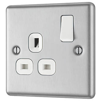 Image of LAP 13A 1-Gang SP Switched Plug Socket Brushed Stainless Steel with White Inserts 