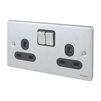 Image of Schneider Electric Ultimate Low Profile 13A 2-Gang SP Switched Plug Socket Brushed Chrome with Black Inserts 
