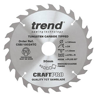 Image of Trend CraftPro CSB/19024TC Wood Thin Kerf Circular Saw Blade for Cordless Saws 190mm x 30mm 24T 