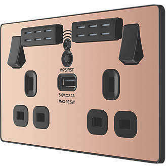 Image of British General Evolve 13A 2-Gang SP Switched Double Socket With WiFi Extender + 2.1A 1-Outlet Type A USB Charger Copper with Black Inserts 