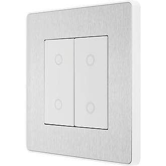 Image of British General Evolve 2-Gang 2-Way LED Double Secondary Touch Trailing Edge Dimmer Switch Brushed Steel with White Inserts 