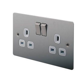 Image of LAP 13A 2-Gang DP Switched Plug Socket Brushed Stainless Steel with White Inserts 