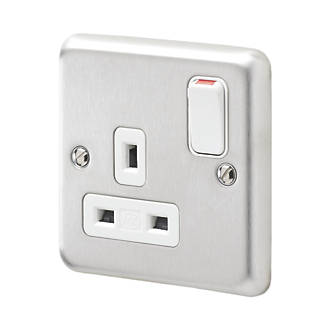 Image of MK Contoura 13A 1-Gang DP Switched Plug Socket Brushed Stainless Steel with White Inserts 