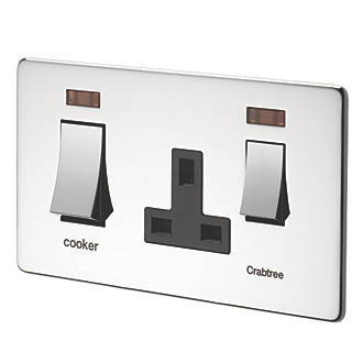 Image of Crabtree Platinum 45 A & 13A 2-Gang DP Cooker Switch & 13A DP Switched Socket Polished Chrome with Neon with Black Inserts 