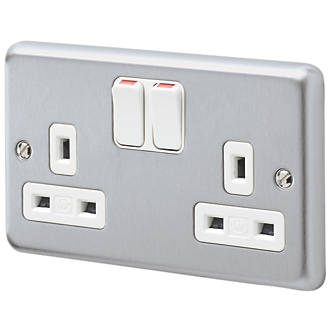 Image of MK Albany Plus 13A 2-Gang DP Switched Plug Socket Brushed Chrome with White Inserts 