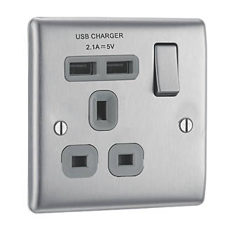 Image of British General Nexus Metal 13A 1-Gang SP Switched Socket + 2.1A 2-Outlet Type A USB Charger Brushed Steel with Graphite Inserts 