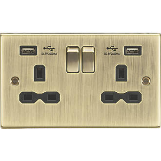 Image of Knightsbridge 13A 2-Gang SP Switched Socket + 2.4A 2-Outlet Type A USB Charger Antique Brass with Black Inserts 