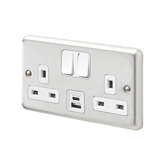 Image of MK Contoura 13A 2-Gang DP Switched Socket + 3A 2-Outlet Type A & C USB Charger Brushed Stainless Steel with White Inserts 