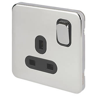 Image of Schneider Electric Lisse Deco 13A 1-Gang SP Switched Plug Socket Polished Chrome with Black Inserts 