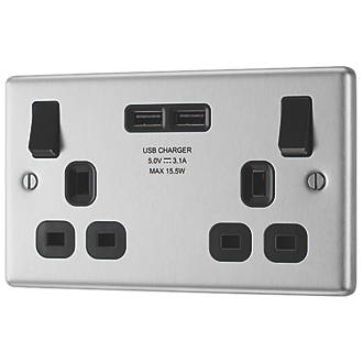 Image of LAP 13A 2-Gang SP Switched Socket + 3.1A 2-Outlet Type A USB Charger Brushed Stainless Steel with Black Inserts 