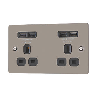 Image of LAP 13A 2-Gang Unswitched Socket + 4.2A 4-Outlet Type A USB Charger Black Nickel with Black Inserts 
