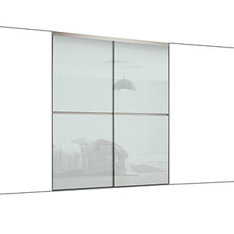 Image of Spacepro Minimalist 2-Door Sliding Wardrobe Door Kit Silver Frame Arctic White Glass Panel 1208mm x 2260mm 