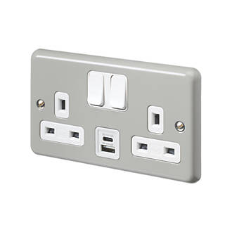 Image of MK Contoura 13A 2-Gang DP Switched Socket + 3A 2-Outlet Type A & C USB Charger Grey with White Inserts 