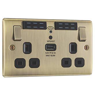 Image of British General Nexus Metal 13A 2-Gang SP Switched WiFi Extender + 2.1A 1-Outlet Type A USB Charger Antique Brass with Black Inserts 