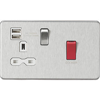 Image of Knightsbridge 45 & 13A 1-Gang DP Cooker Switch & 13A DP Switched Socket + 2.4A 2-Outlet Type A USB Charger Brushed Chrome with White Inserts 